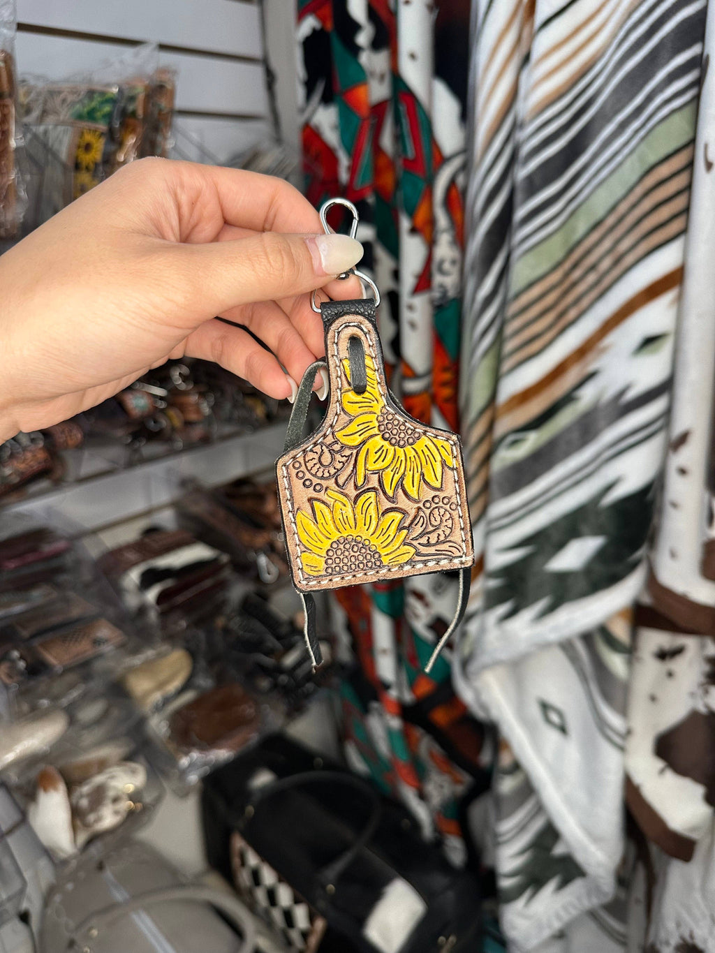 Sunflower Tooled Leather Keychain