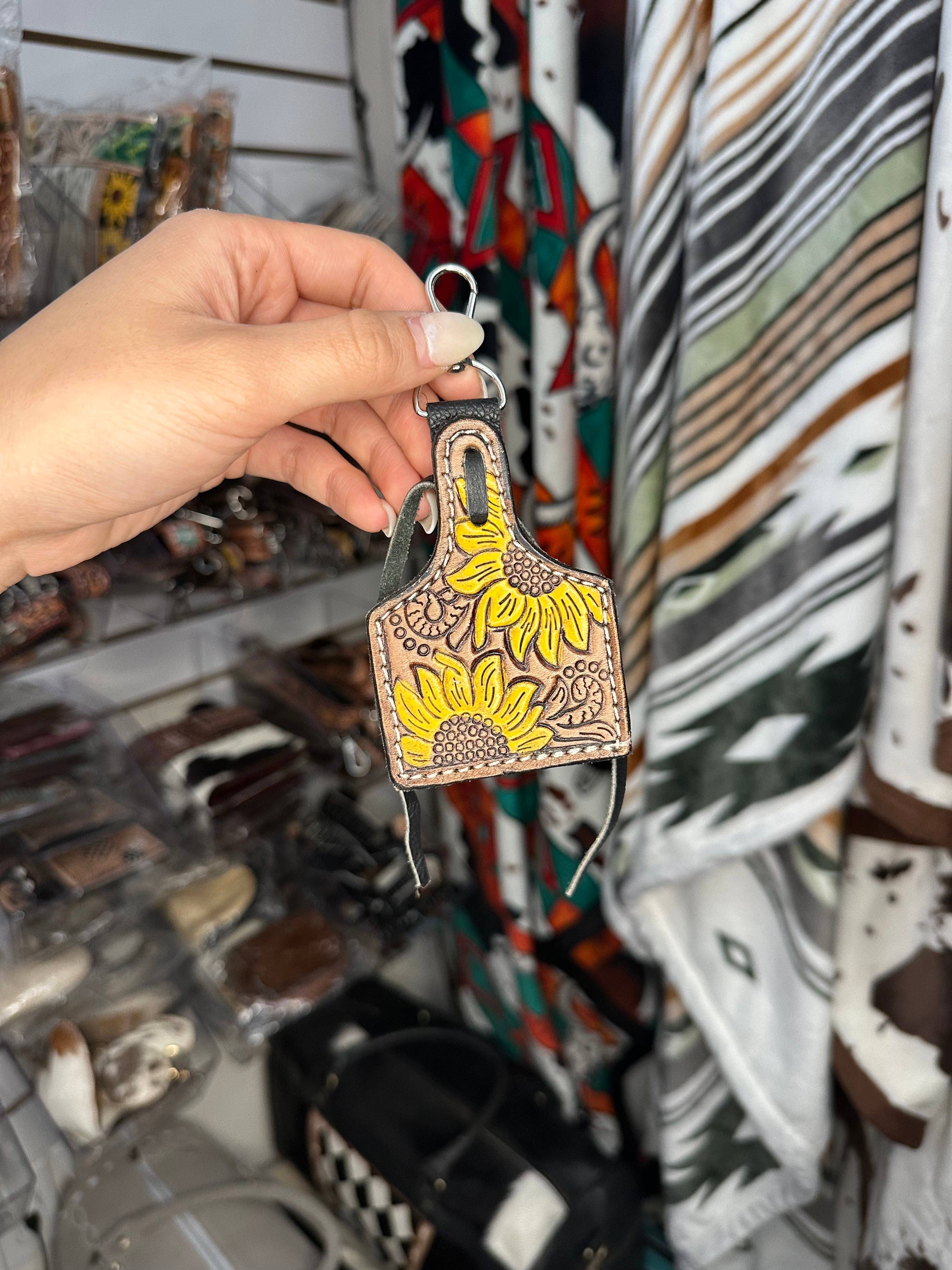 Sunflower Tooled Leather Keychain
