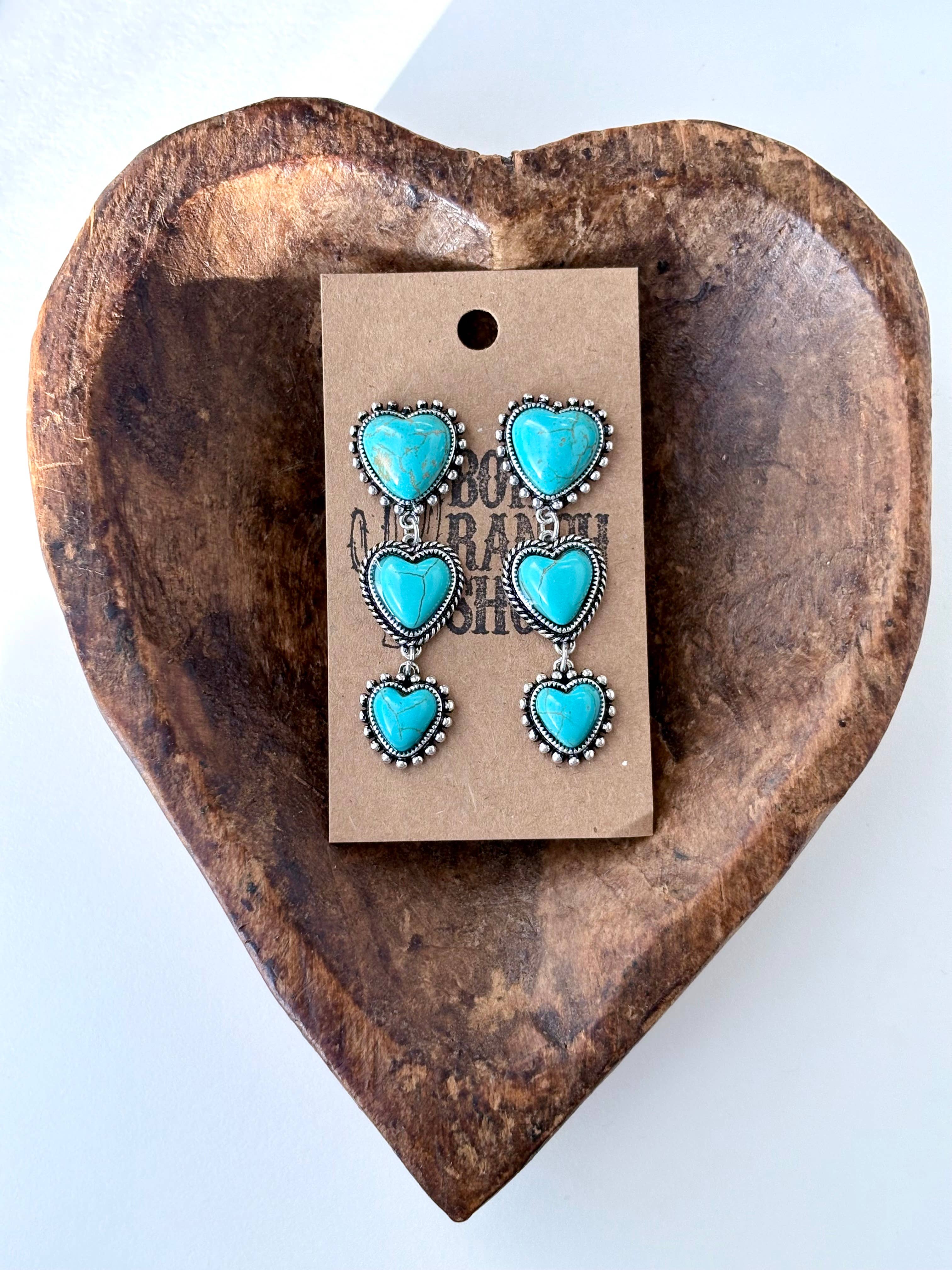 3 Tier Western Style Turquoise Stone Heart Drop Earrings