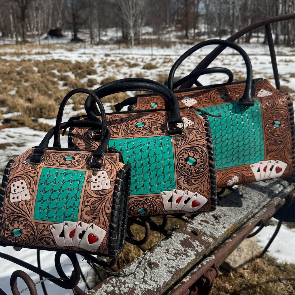 Aces and Turquoise Genuine Western Cowhide Leather barrel bag purse or wallet by Double B Wild Rags
