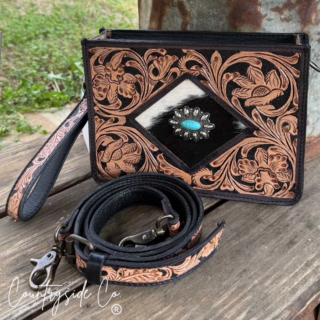 Sagebrush Tooled Leather Handbag, Wristlet