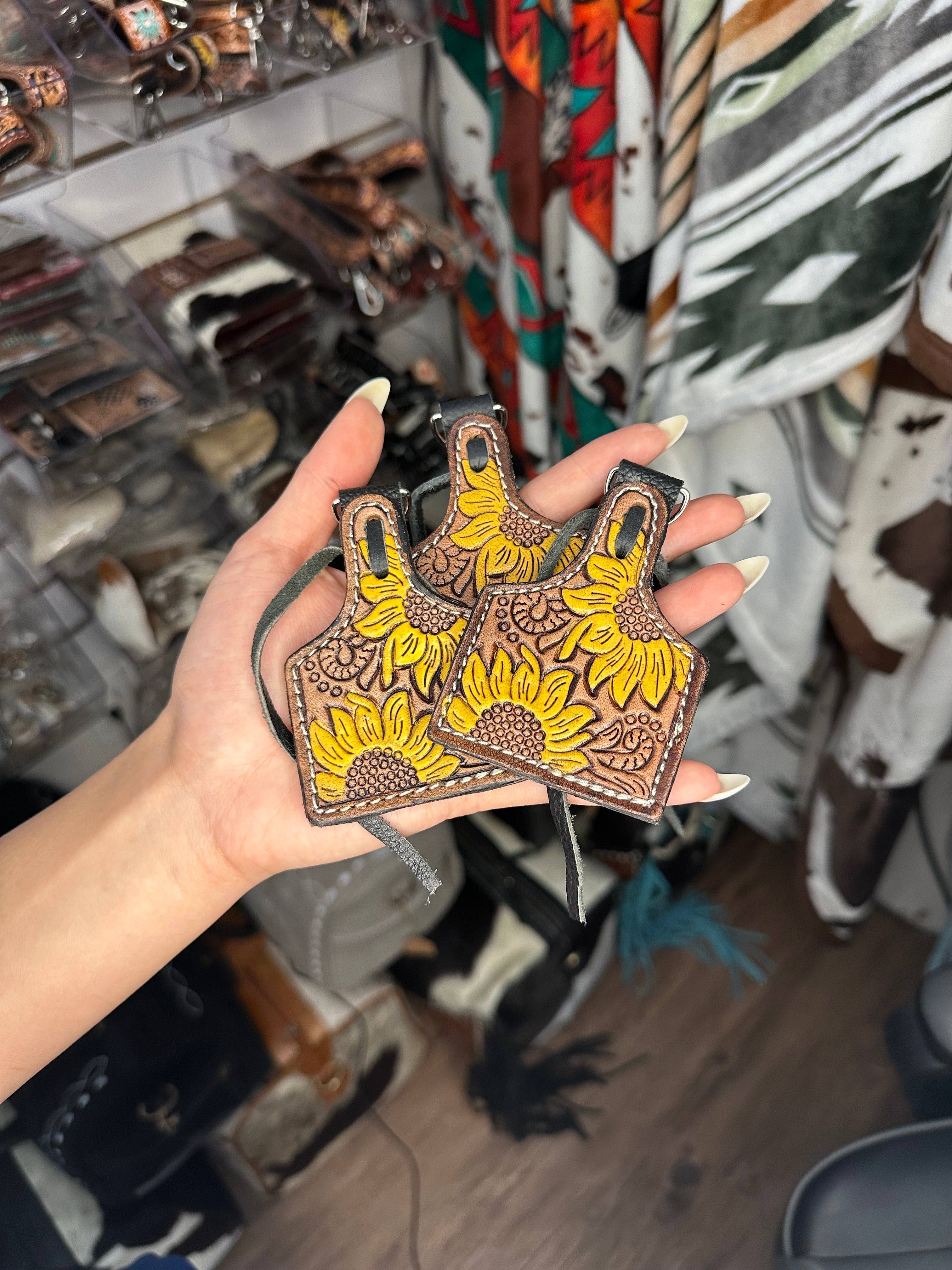 Sunflower Tooled Leather Keychain