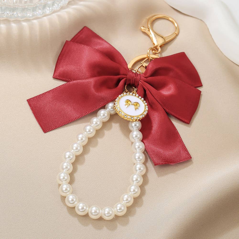 Elegant Satin Bow Pearl Keychain Bag Charm