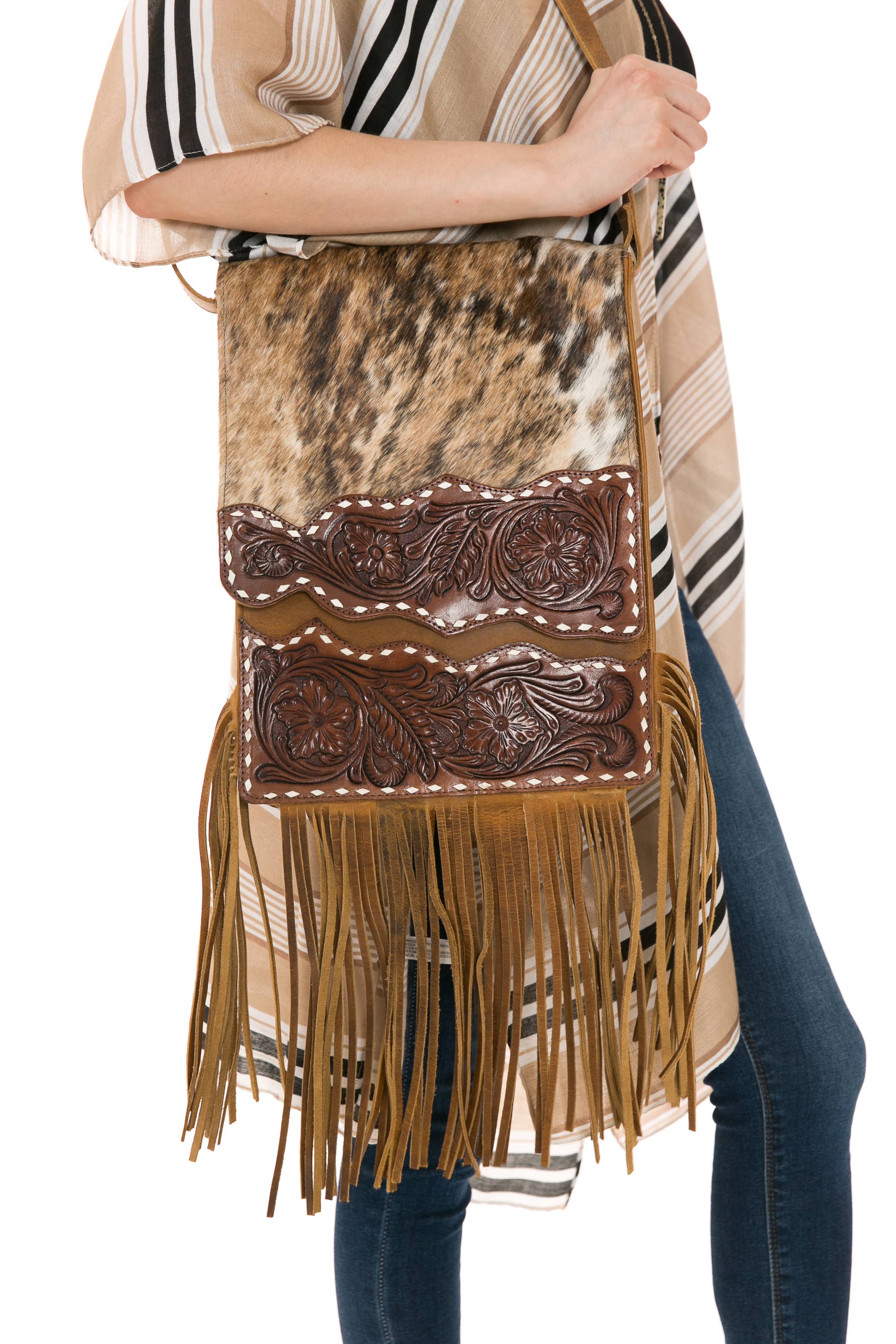 Hair on hide messenger w/ tooled leather and fringe #AB1775