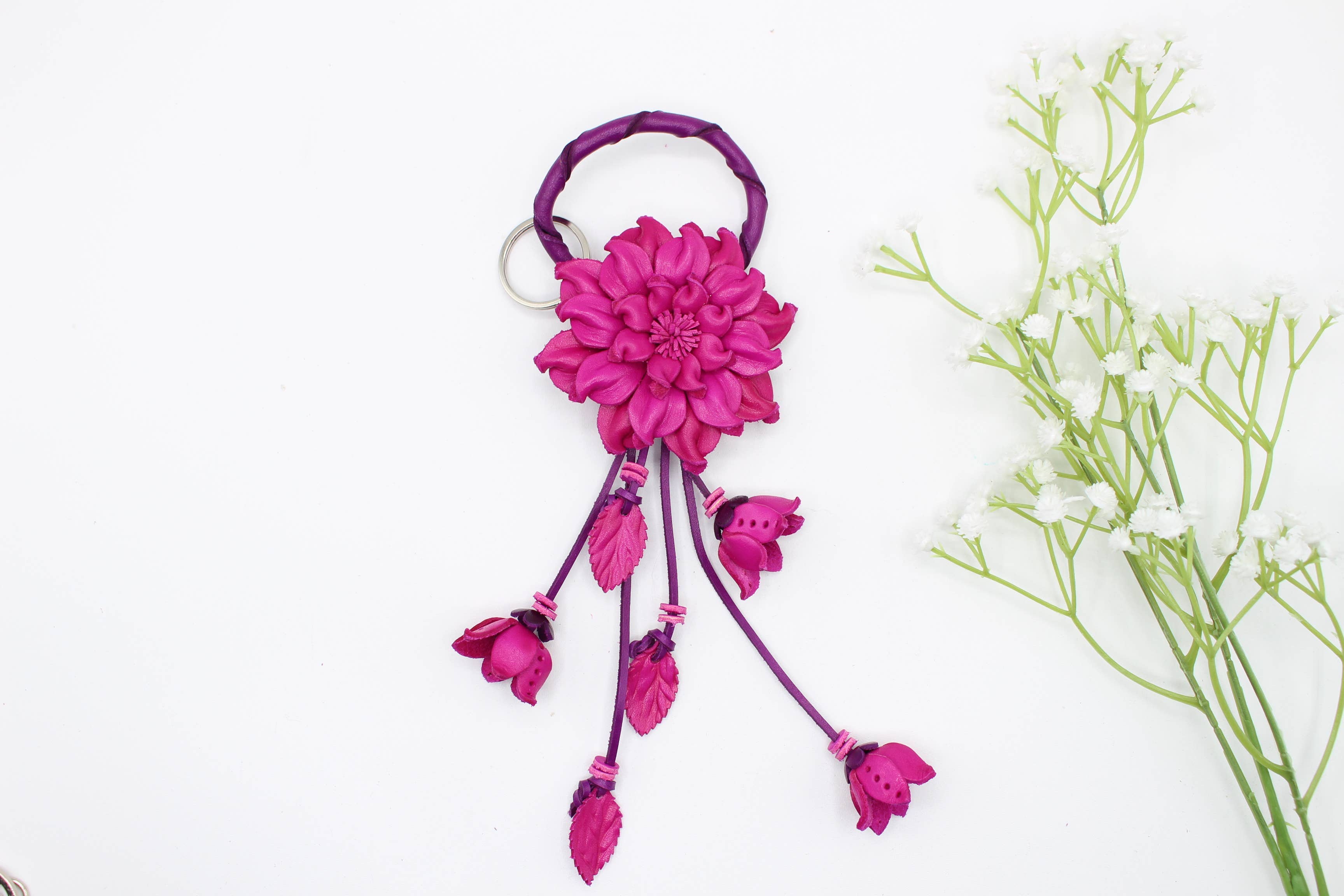 Leather flower key chain bag charm purse charm