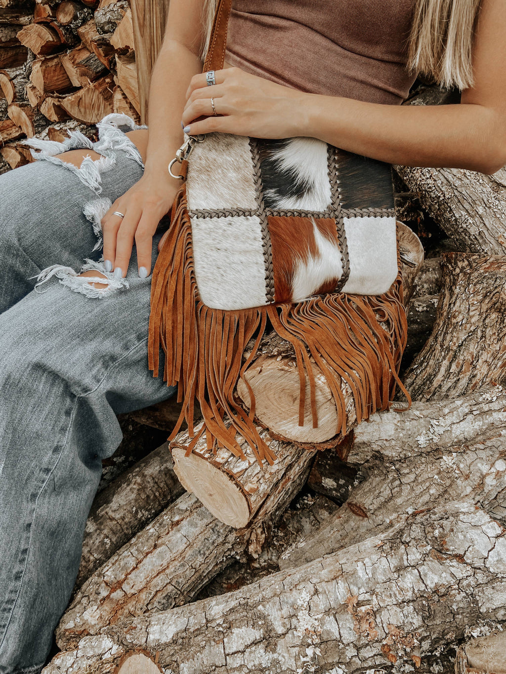 Patchwork Cowhide Fringe Western Purse