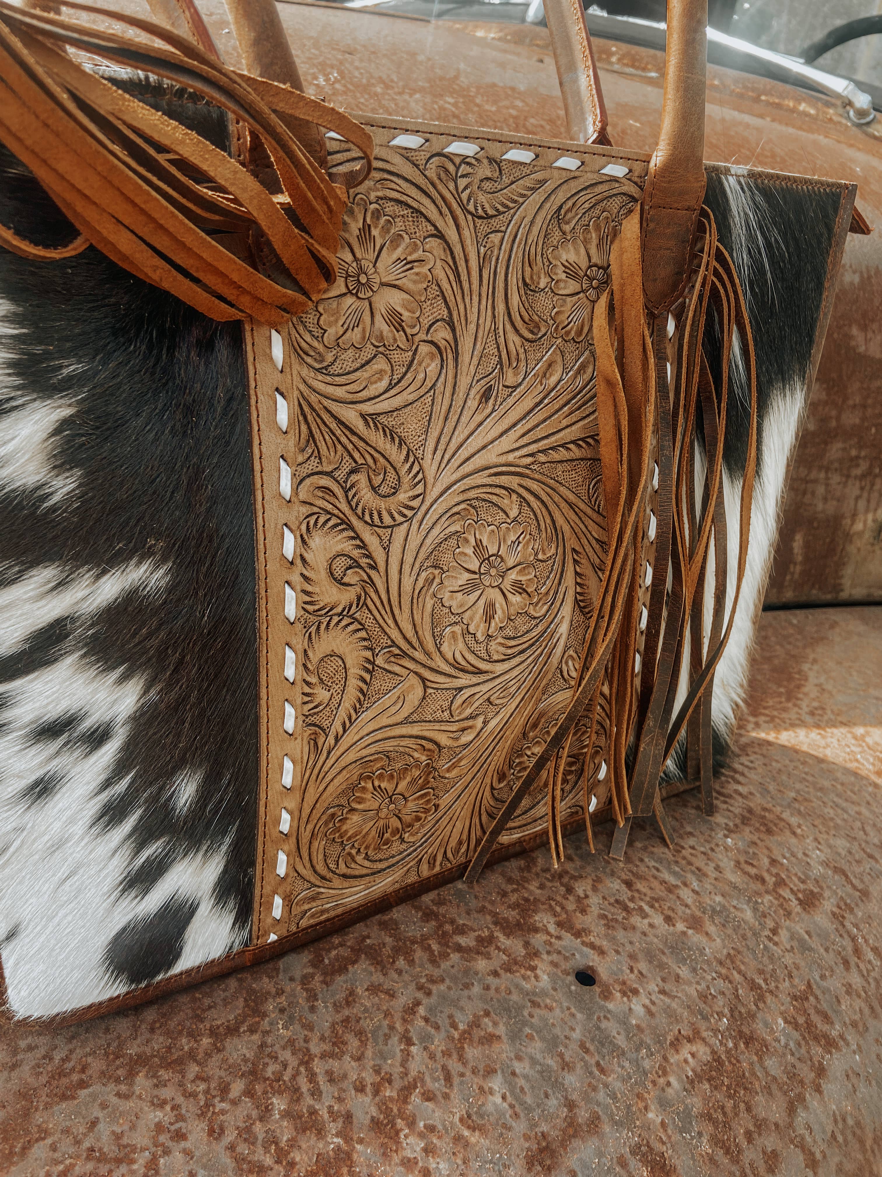 Jesse Cowhide and Tooled Leather Fringe Tote computer bag