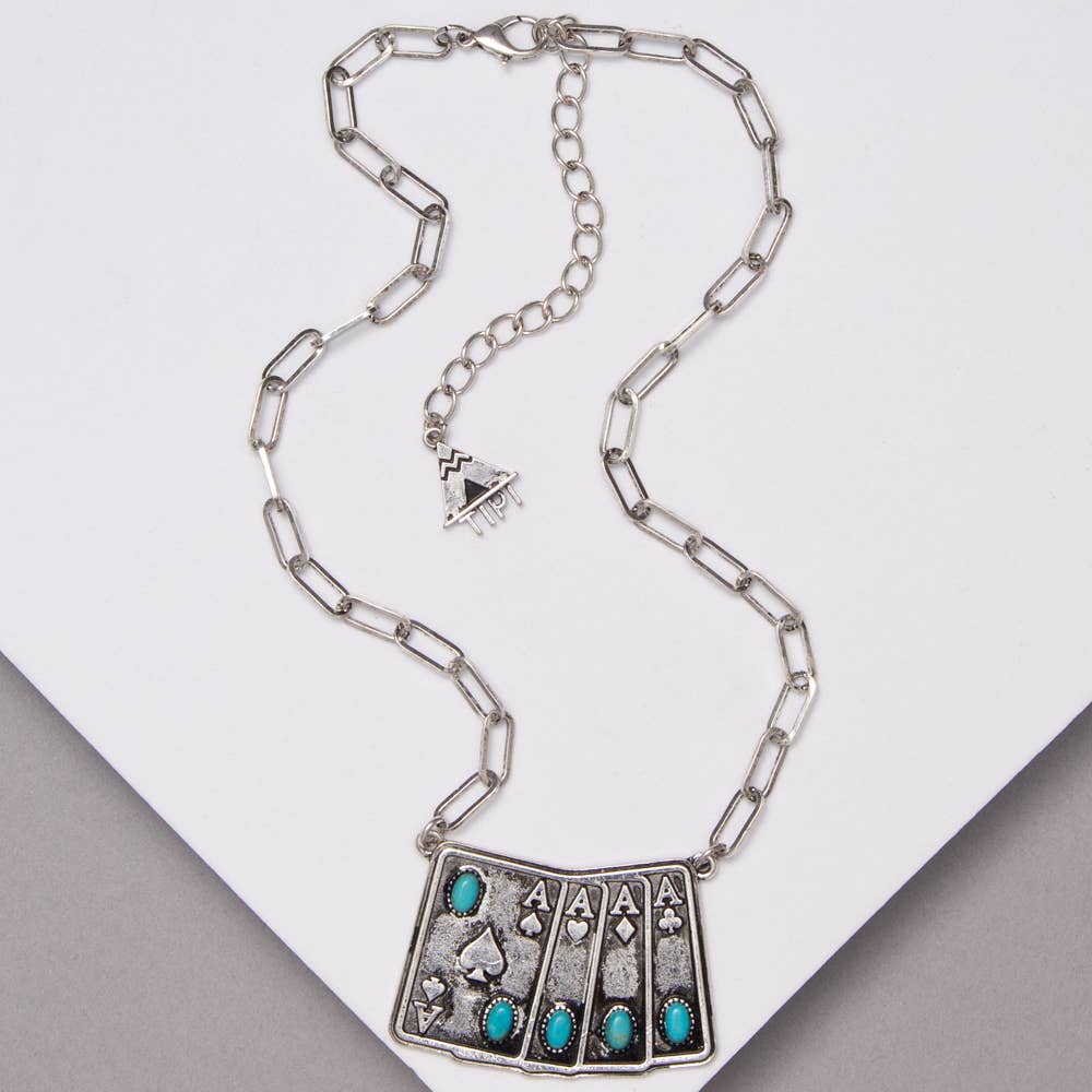 Western Playing Card Pendant Necklace with Turquoise Accents