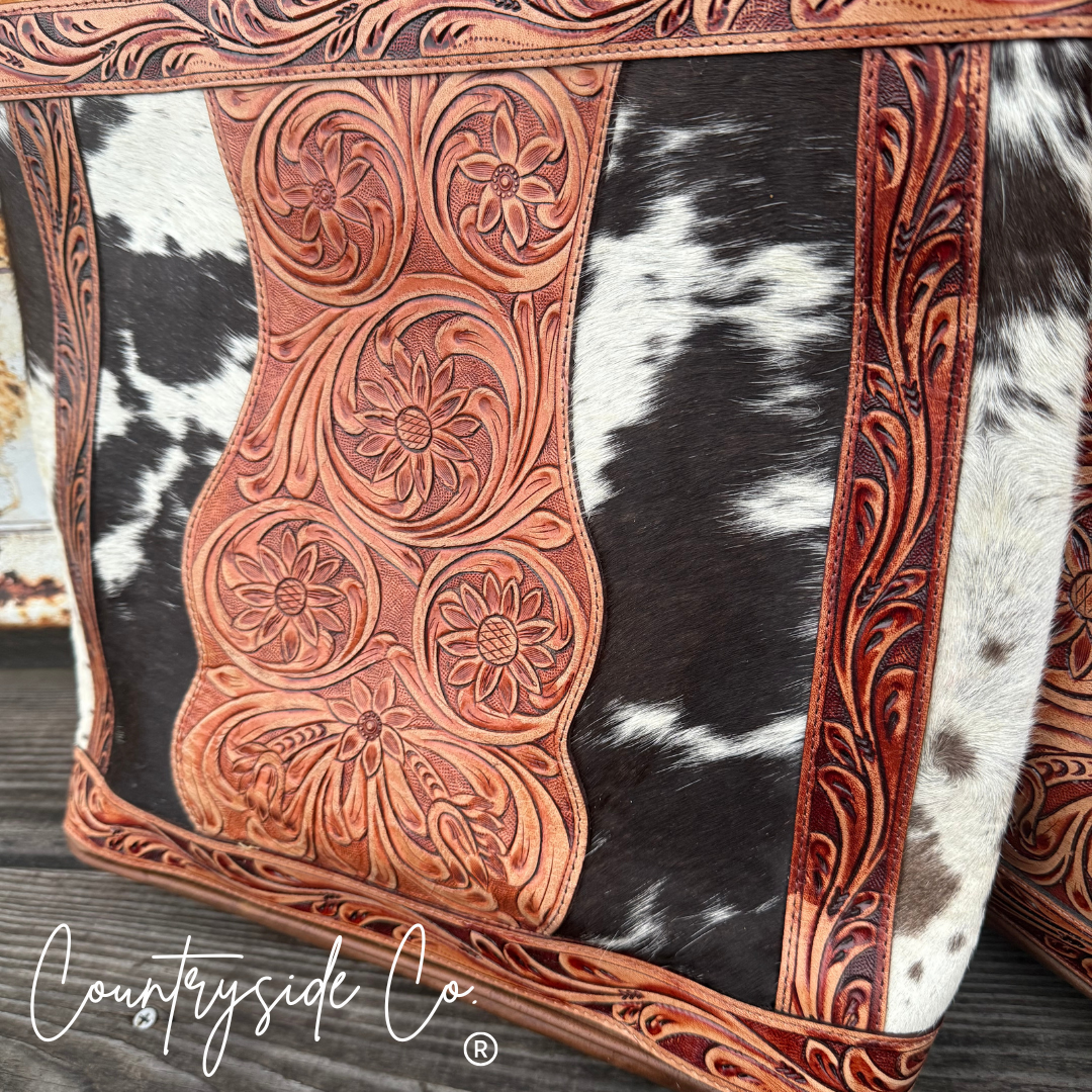 Lucille Tooled Leather Cowhide Tote, Purse