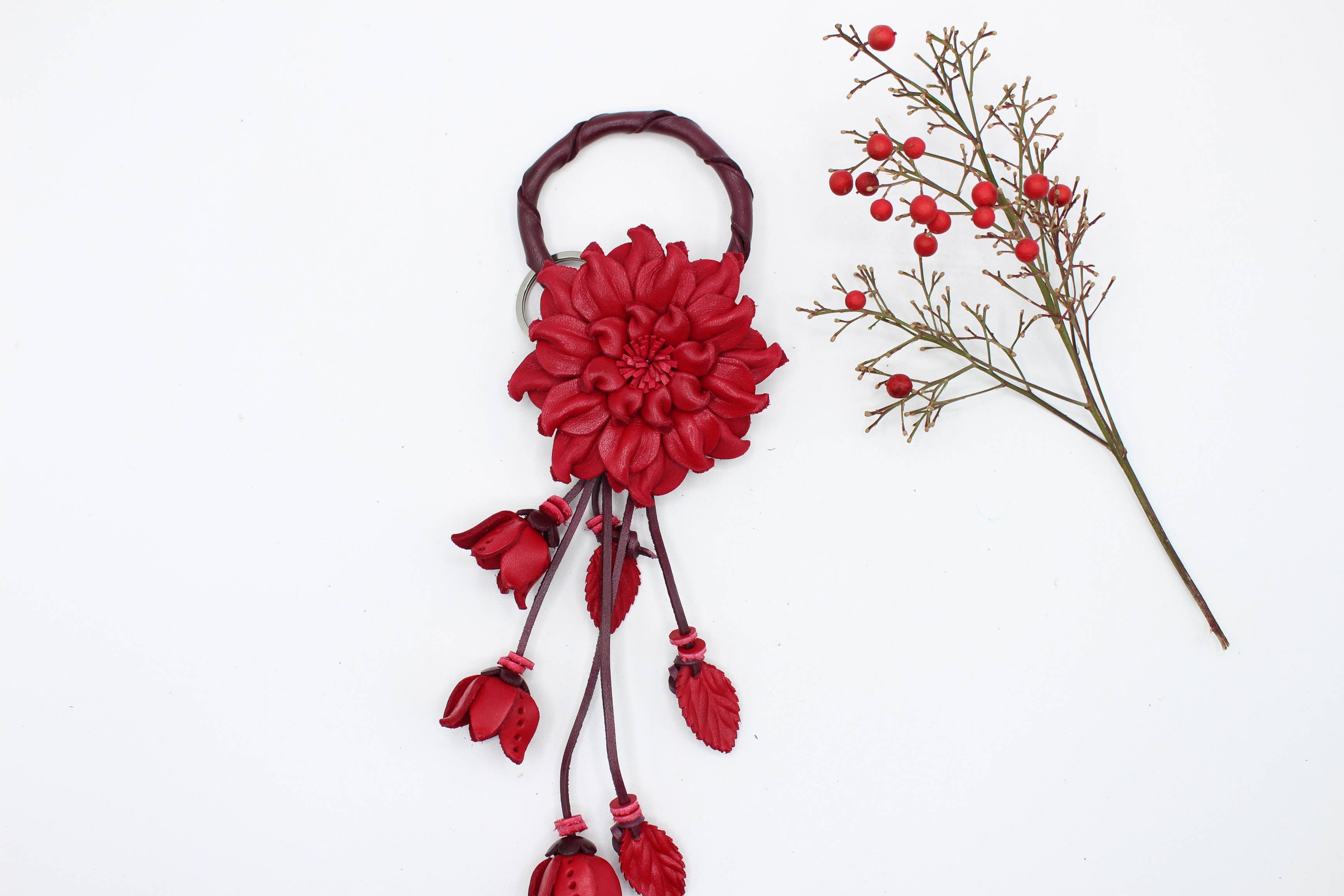 Leather flower key chain bag charm purse charm
