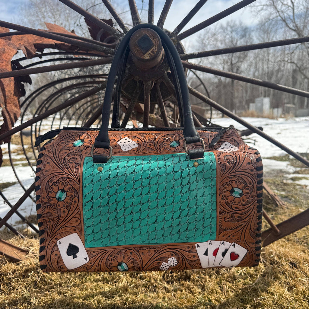 Aces and Turquoise Genuine Western Cowhide Leather barrel bag purse or wallet by Double B Wild Rags