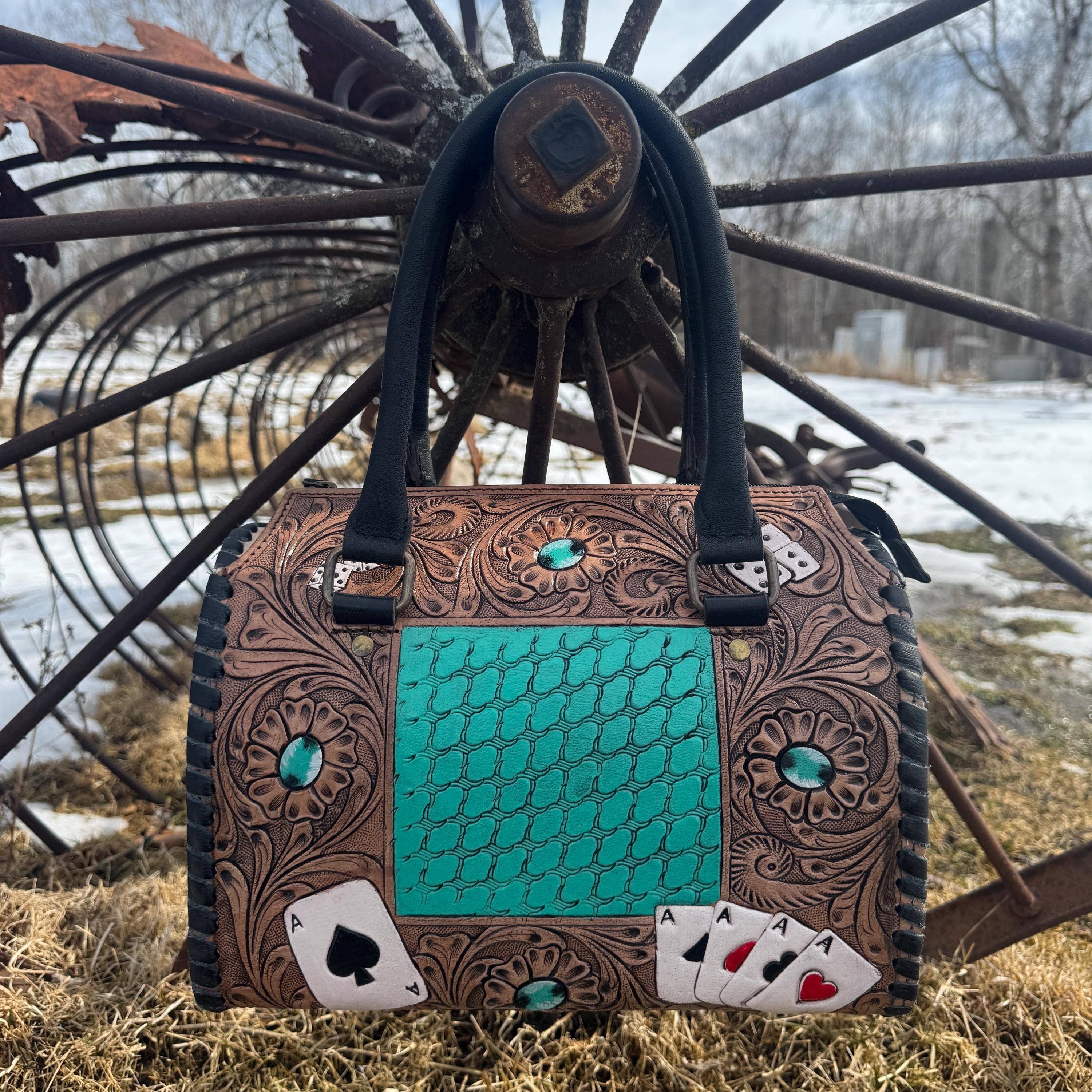 Aces and Turquoise Genuine Western Cowhide Leather barrel bag purse or wallet by Double B Wild Rags