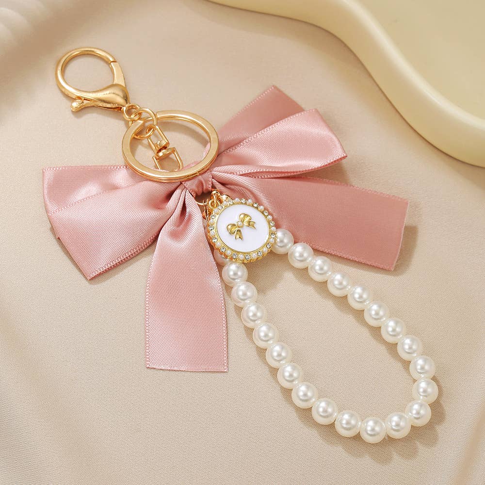 Elegant Satin Bow Pearl Keychain Bag Charm