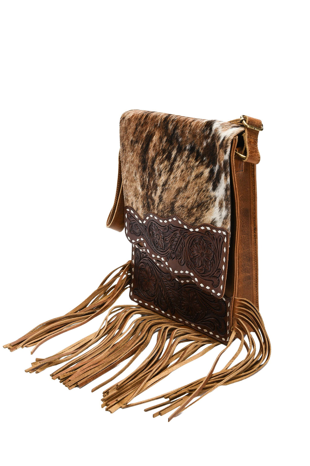 Hair on hide messenger w/ tooled leather and fringe #AB1775