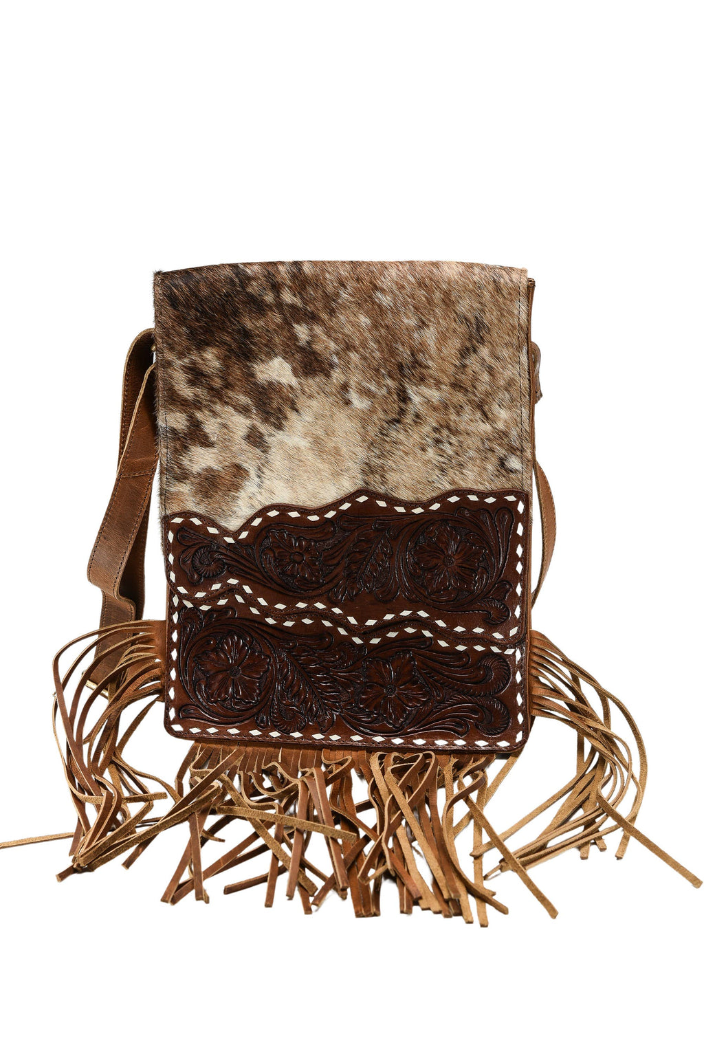 Hair on hide messenger w/ tooled leather and fringe #AB1775