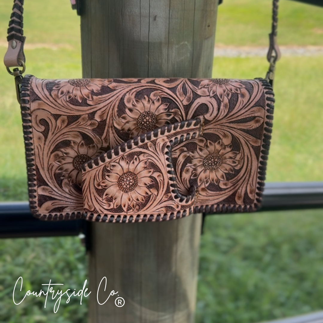 Countryside Charm Tooled Leather Clutch Purse