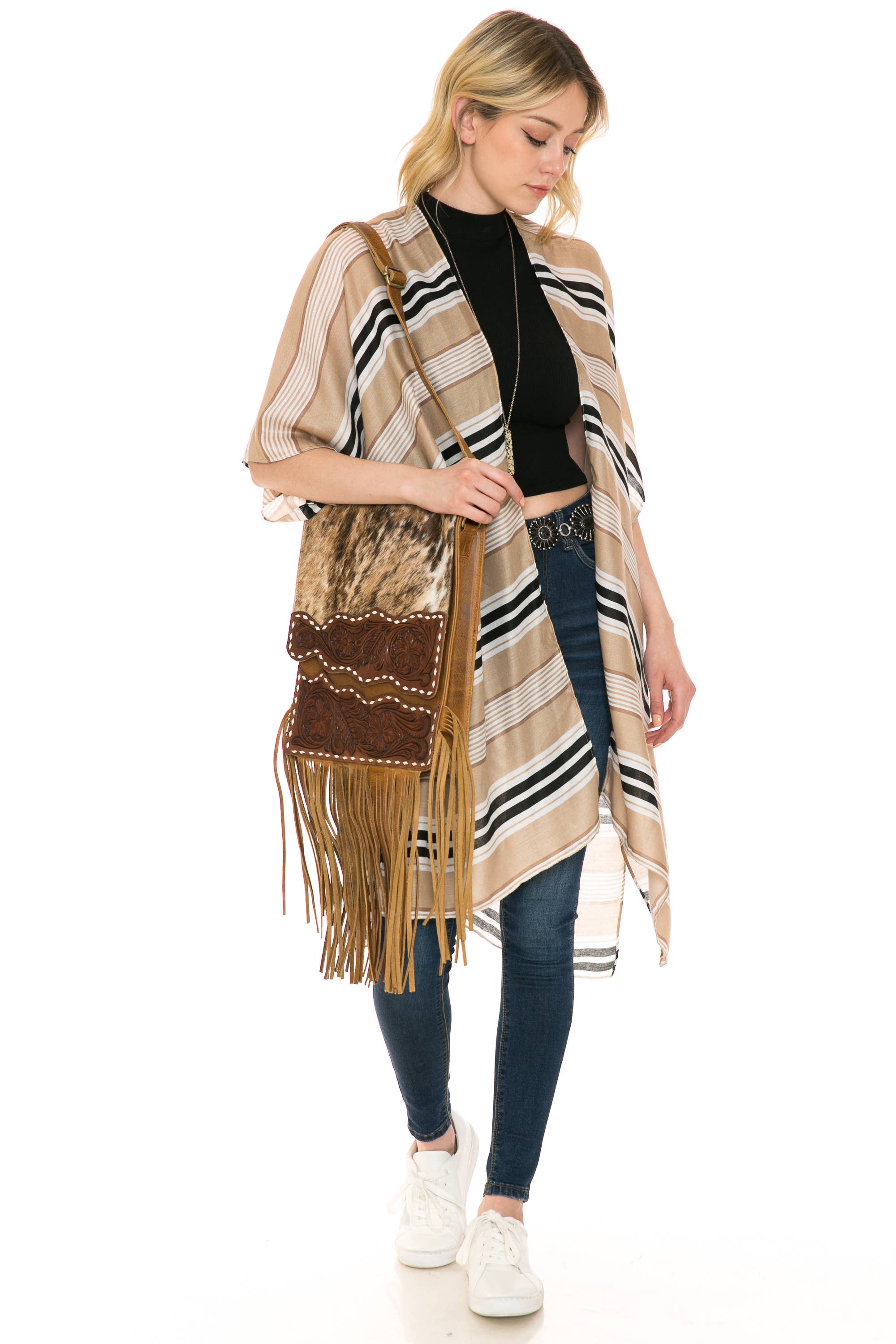 Hair on hide messenger w/ tooled leather and fringe #AB1775