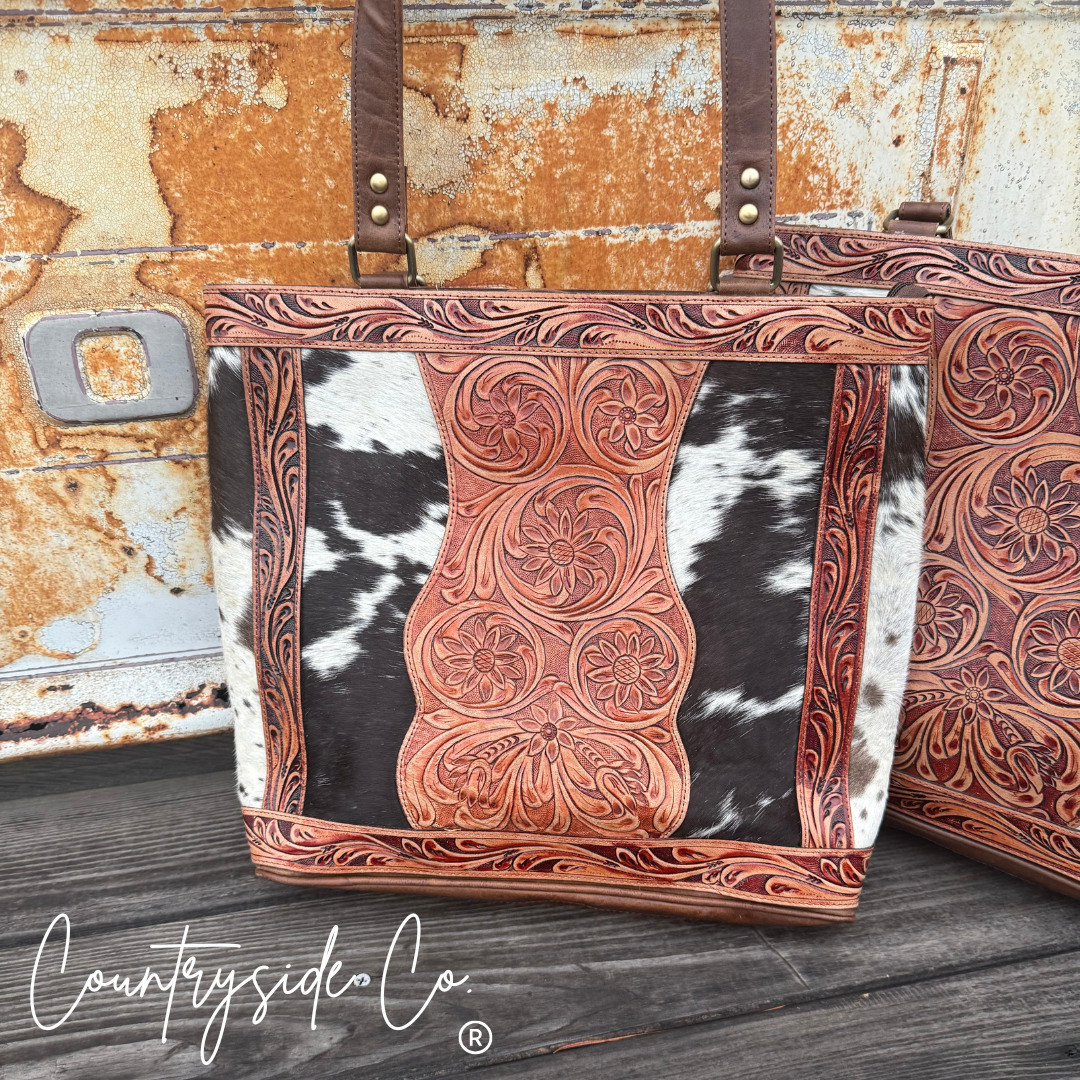 Lucille Tooled Leather Cowhide Tote, Purse