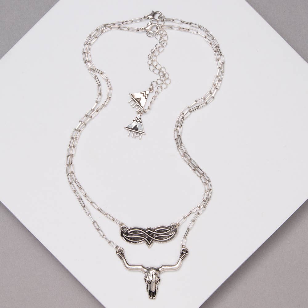 Western Layered Necklace Set with Longhorn Skull