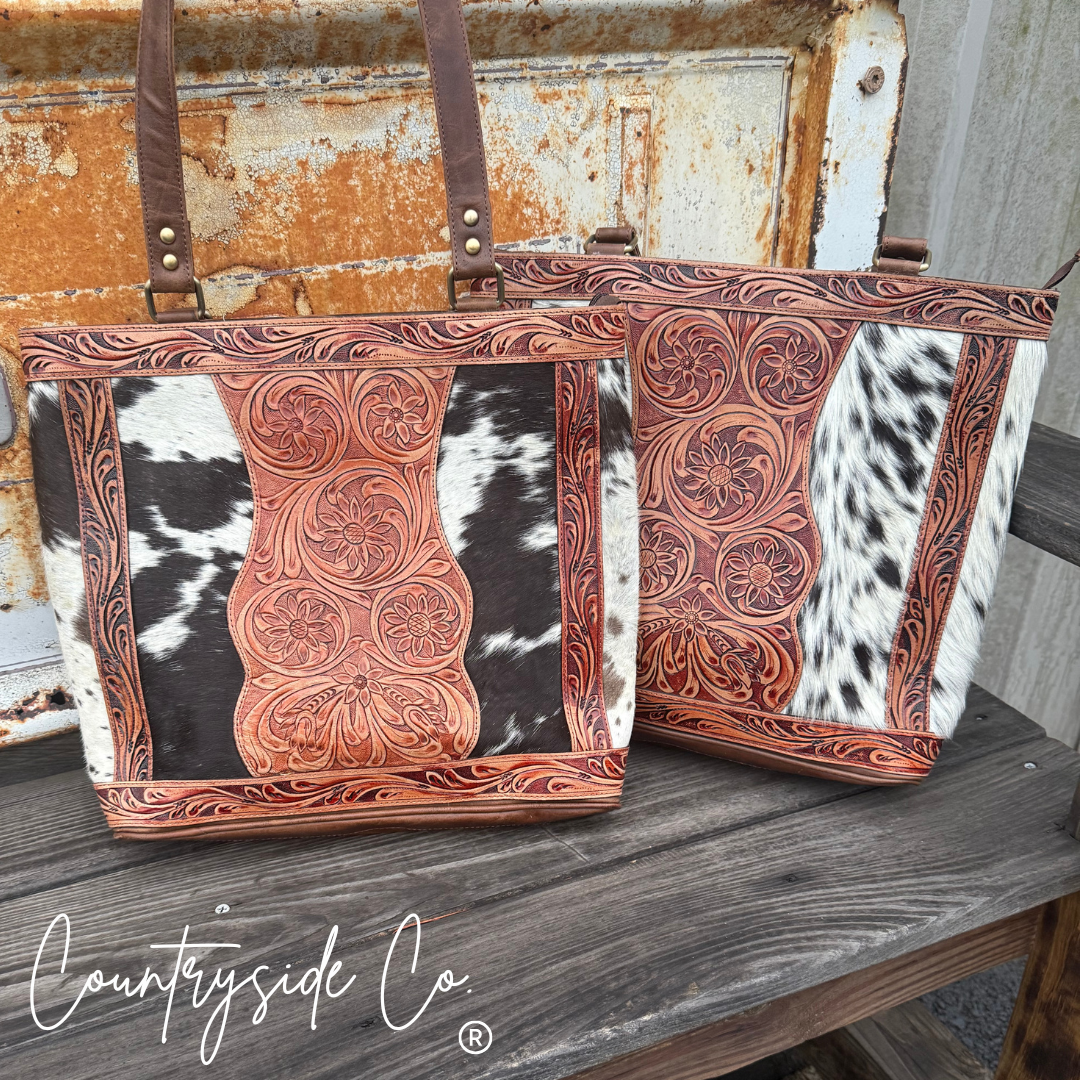 Lucille Tooled Leather Cowhide Tote, Purse