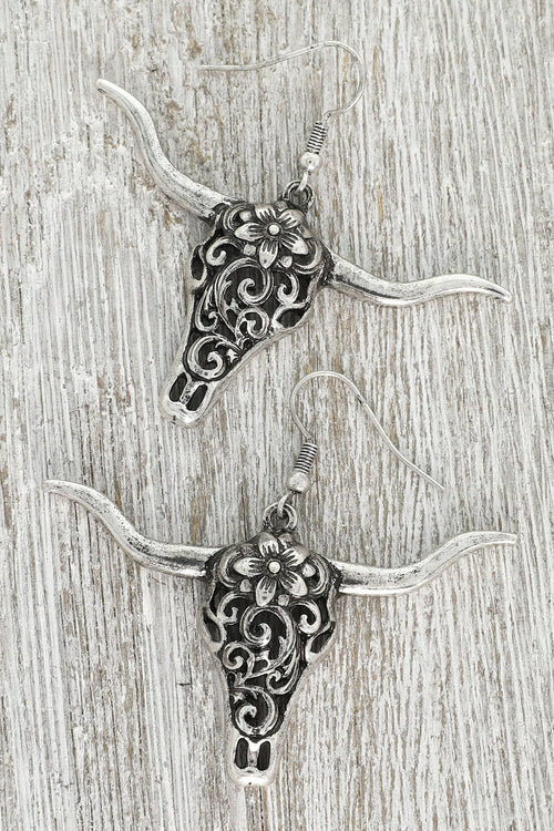 Western Filigree Patterned Steer Head Earrings