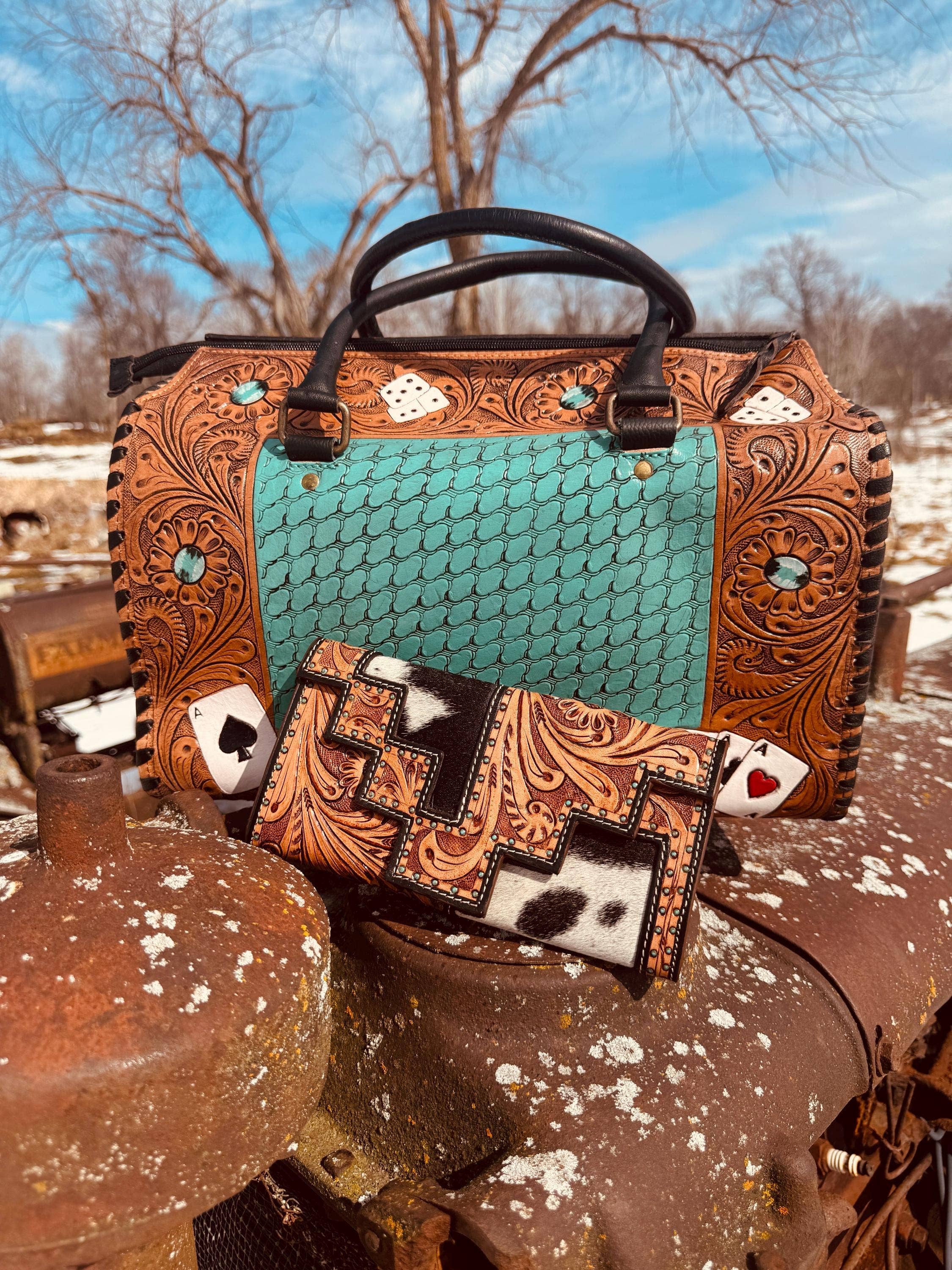 Aces and Turquoise Genuine Western Cowhide Leather barrel bag purse or wallet by Double B Wild Rags