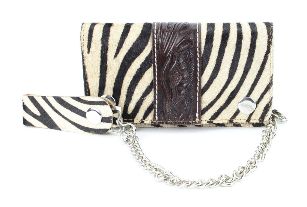 Zebra print hair on hide tooled leather chain wallet CW6HOHZ