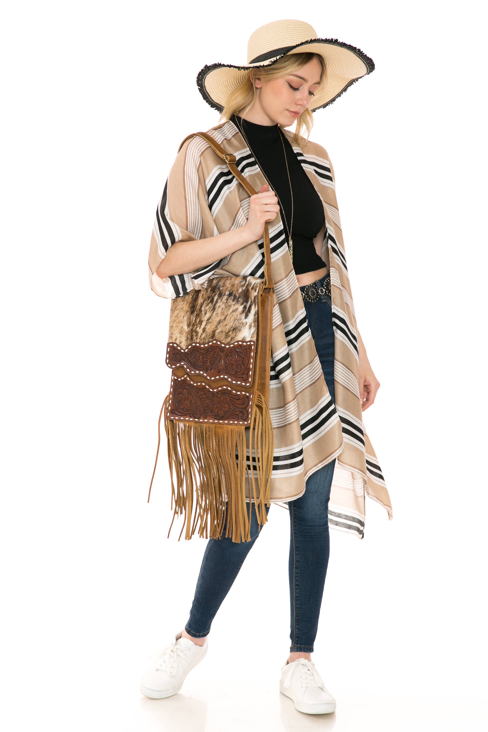 Hair on hide messenger w/ tooled leather and fringe #AB1775