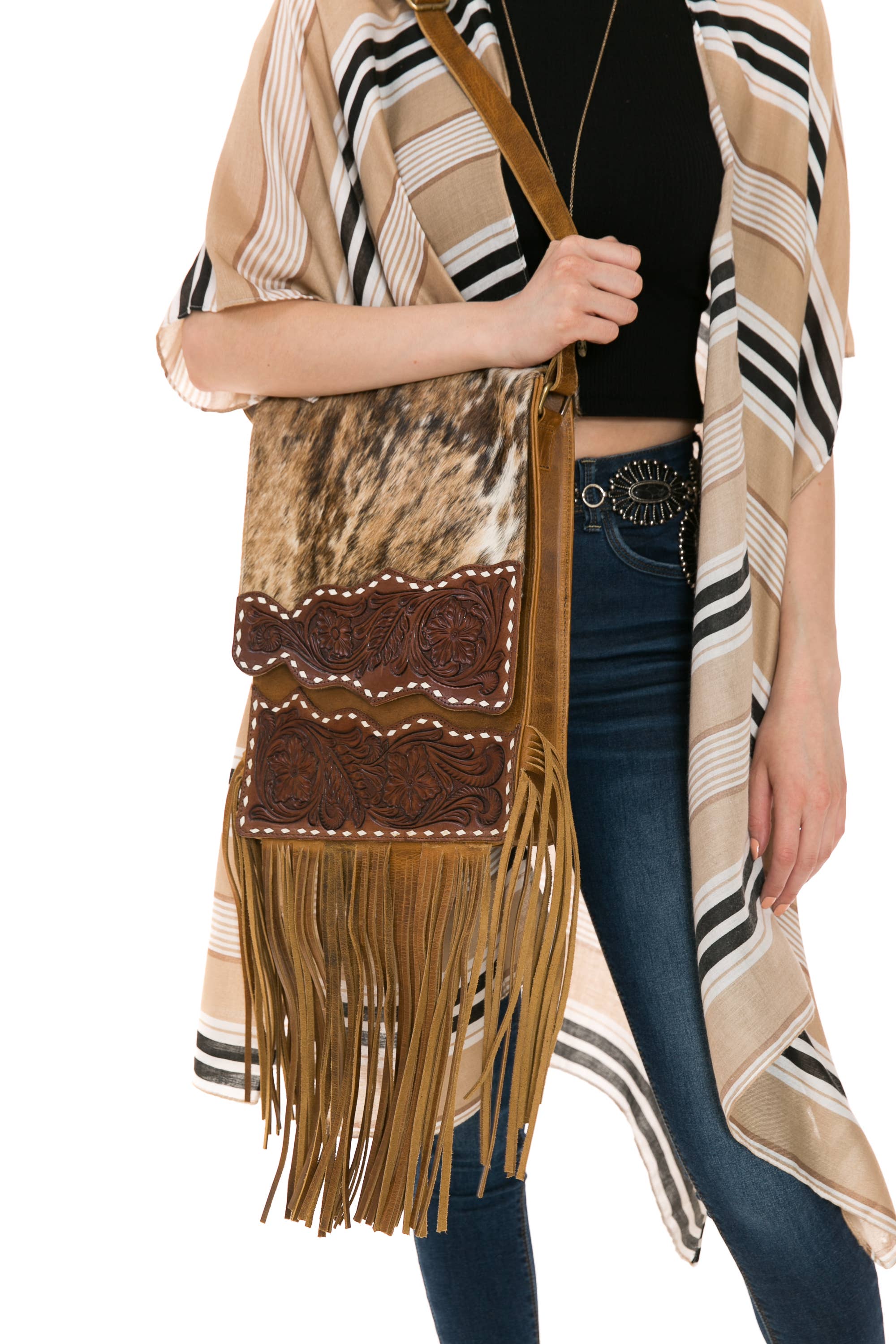Hair on hide messenger w/ tooled leather and fringe #AB1775